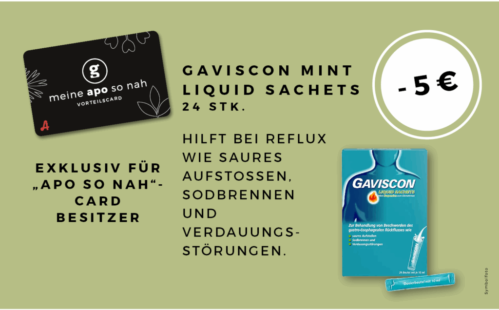 Aktionsbanner mit Produkt Gaviscon 5€ Rabatt Exklusive für Apo So Nah Card Besitzer